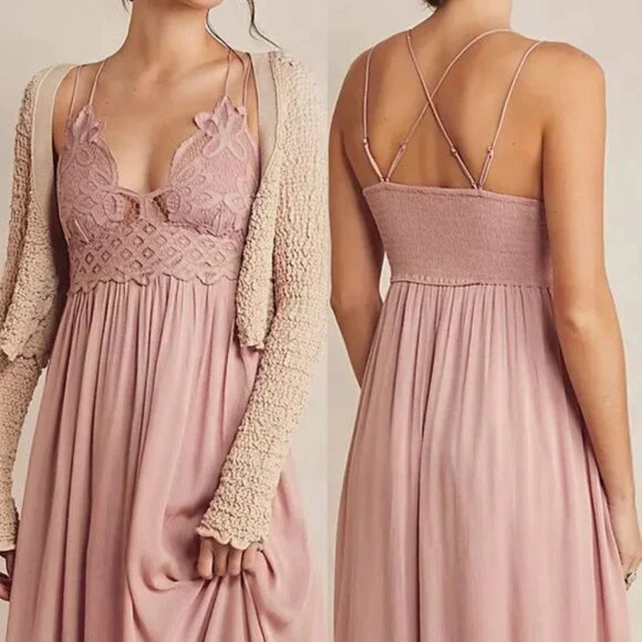 Free People Adella Pink Lace flowy crinkle linen Cottagecore Y2K Maxi Dress - Picture 4 of 16